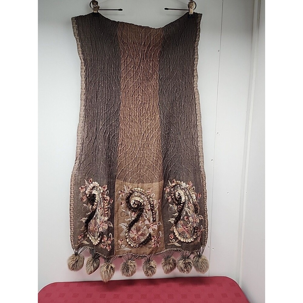 Hand Embroidered Shawl 100% Wool 70 Inch  W Fur Pompoms Chunky Handspun Yarn